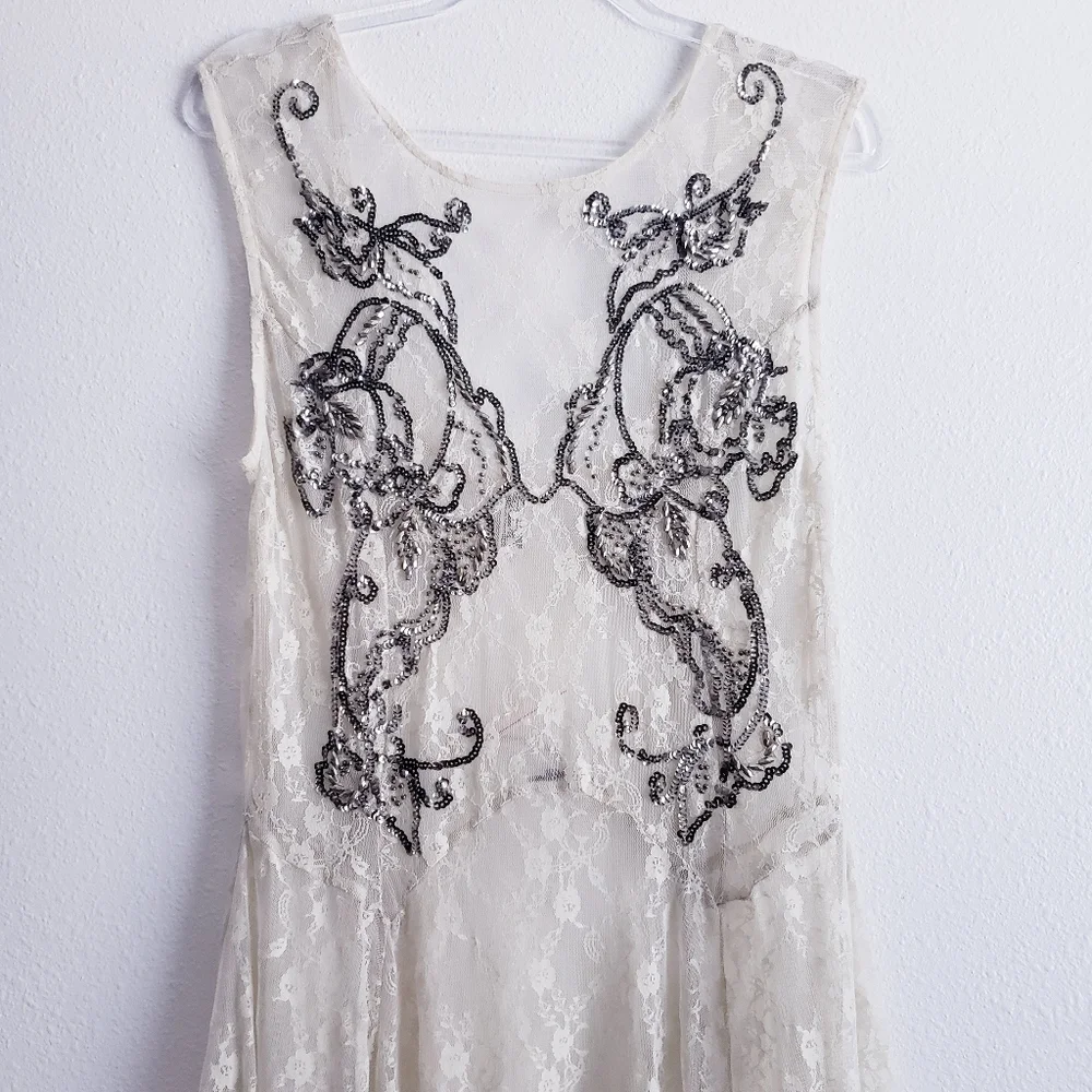 Free People Lace Beaded Bohemian Handkerchief Lace Dress